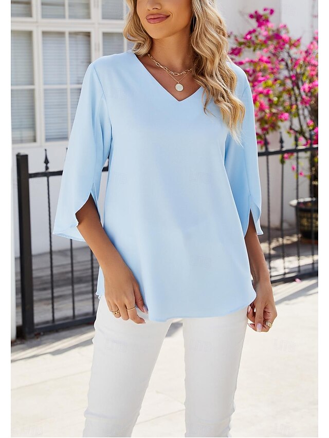 Women's Blouse Elegant Stylish Modern Half Sleeve V Neck Work Daily Blue Summer Spring4
