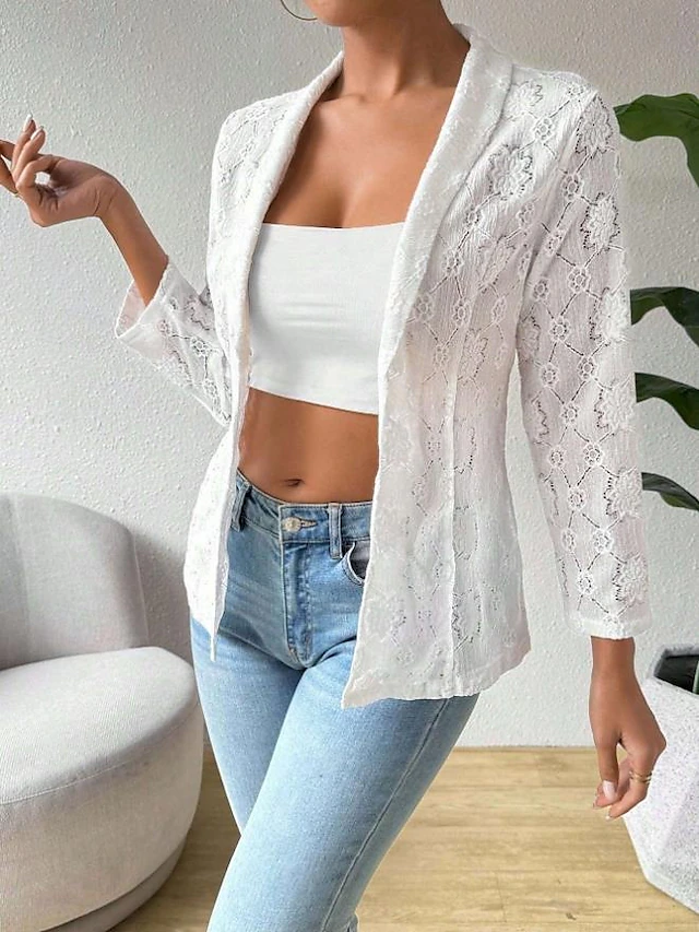 Women's Jacket Dailywear Lace Solid Color Windproof Vintage Regular Fit Outerwear Long Sleeve Spring White S 5