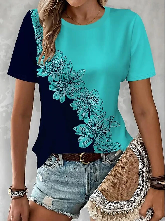 Women's T Shirt Casual Print Short Sleeve Regular Tops Daily Black Pink Blue Sky Blue Summer 14