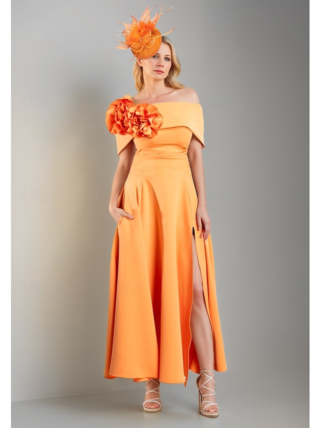  ts a-line madre della sposa abito elegante semplice spalle scoperte lunghezza tè raso elasticizzato manica corta con pieghe fiore 2025 taglia personalizzata gratuita