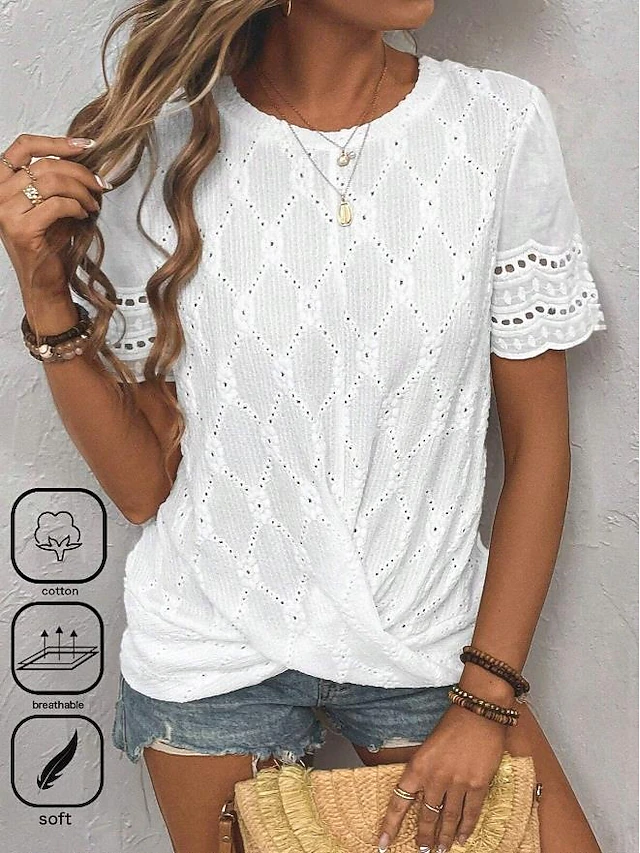 Women's Blouse Elegant Modern Solid Color Eyelet Short Sleeve Crew Neck Daily White Summer 6