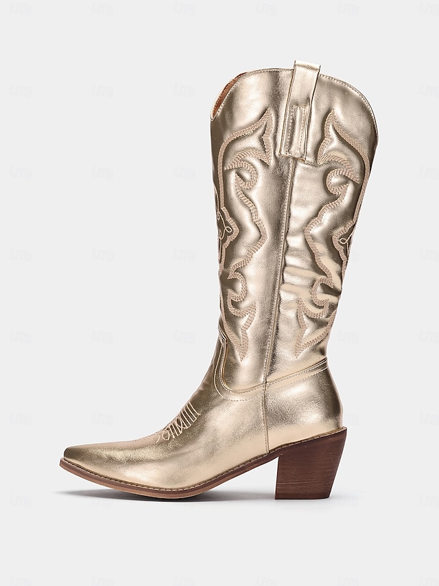  Damen Western-Cowboystiefel in Metallic-Gold mit gestickten Details für Mode und Freizeit