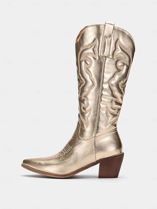 Women's Metallic Gold Western Cowboy Boots with Embroidered Details for Fashion and Casual Wear 6