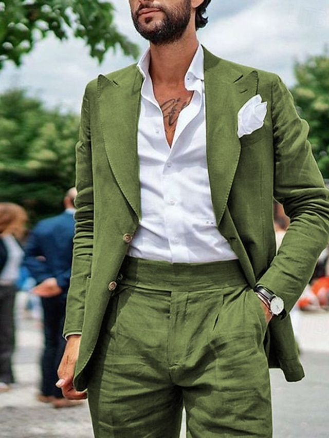  Men's Wedding Summer Linen Suits Black Sky Blue Solid Colored Tailored Fit 2 Piece Single Breasted Two-buttons