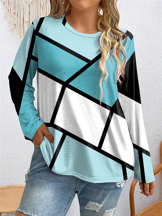 Women's Plus Size Tops T shirt Tee Geometry Print Long Sleeve Crew Neck Casual Daily Fall Winter Pink Blue Prefall 6