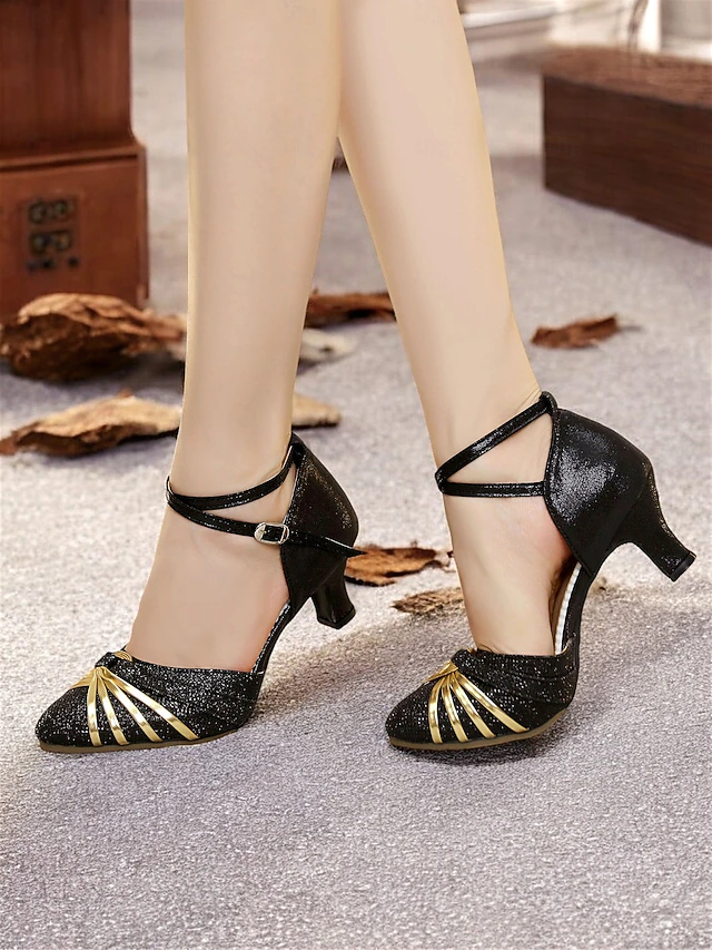 Women's Soft Sole Black and Gold Ballroom Dance Shoes - Comfortable Mid-Heel Ankle Strap Dance Shoes 11