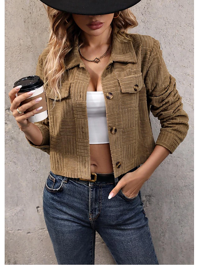 Women's Jacket Party Button Solid Color Windproof Vintage Regular Fit Outerwear Long Sleeve Fall khaki S4