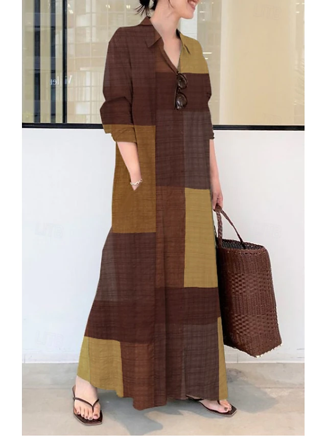 Women's Midi Dress Print Dress Plaid Basic Office Daily Weekend Print Long Sleeve Shirt Collar Dress Loose Fit Brown Spring Fall S M L XL XXL 5