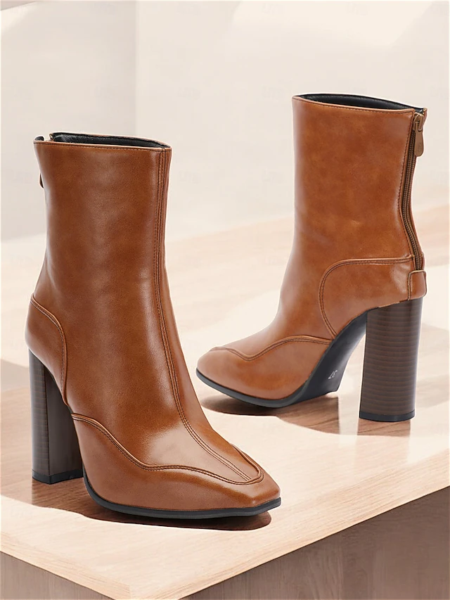 Elegant Brown Leather Ankle Boots with High Heel for Women, Perfect for Office Wear and Casual Outings 10