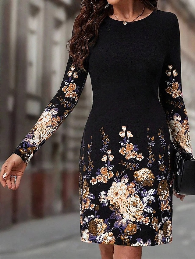  Damen Maxidress Sweatshirt-Kleid Winter Kleid Corsagenkleider Etuikleid Elegant Stilvoll Urlaub Party Strasse Regular Fit Blumen Langarm Rundhalsausschnitt Rosa Blau Orange Sommer Herbst Winter