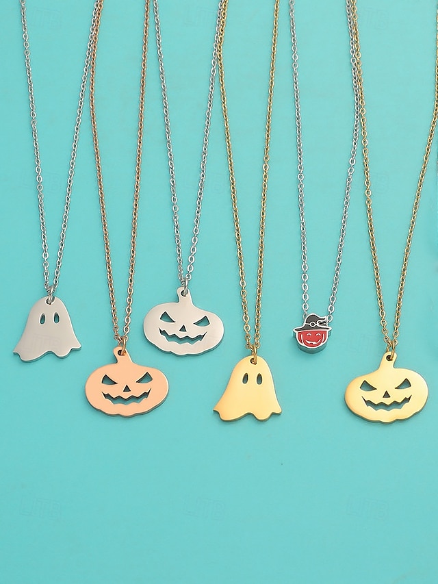  ハロウィンをテーマにした女性用ステンレススチールペンダントネックレス。カボチャとゴーストのチャームが特徴で、コスチュームパーティーやお祝いの行事に最適です。