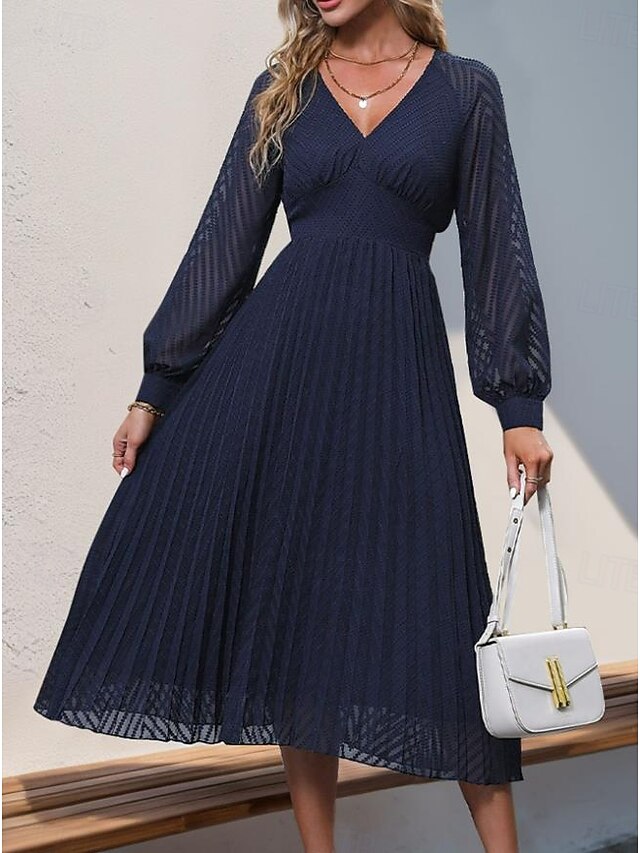 Women's Plain Dress Midi Dress Mesh Patchwork Elegant Vintage V Neck Long Sleeve Black Blue Color 12