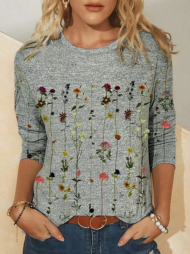 Women's T shirt Crew Neck Long Sleeve Tunic Casual Print Regular Tops Daily Gray Spring Fall 5