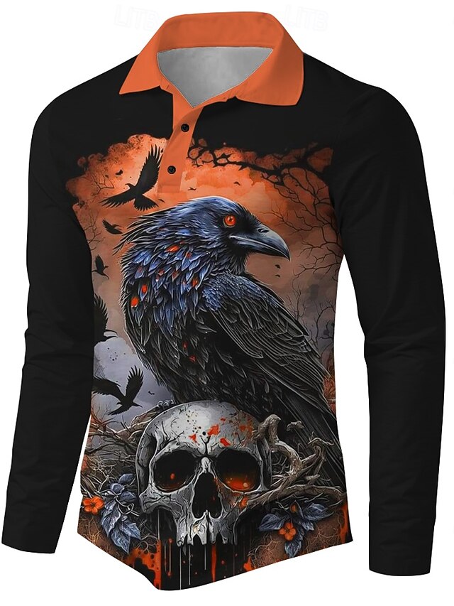  Halloween Νεκροκεφαλές Φρίκης Ανδρικά Φανέλα POLO γκολφ πόλο Μακρυμάνικο Πάρτι / Βράδυ Φθινόπωρο Κουμπί 3D εκτύπωση Γιακάς Μαύρο Μικροελαστικό Πολυεστέρας Mohair