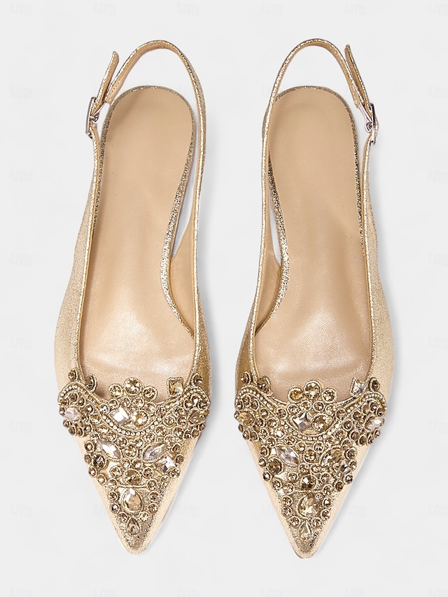  Women's Gold Embellished Pointed Toe Slingback Flats with Crystal Detailing - Luxurious Bridal Shoes for Weddings and Special Events