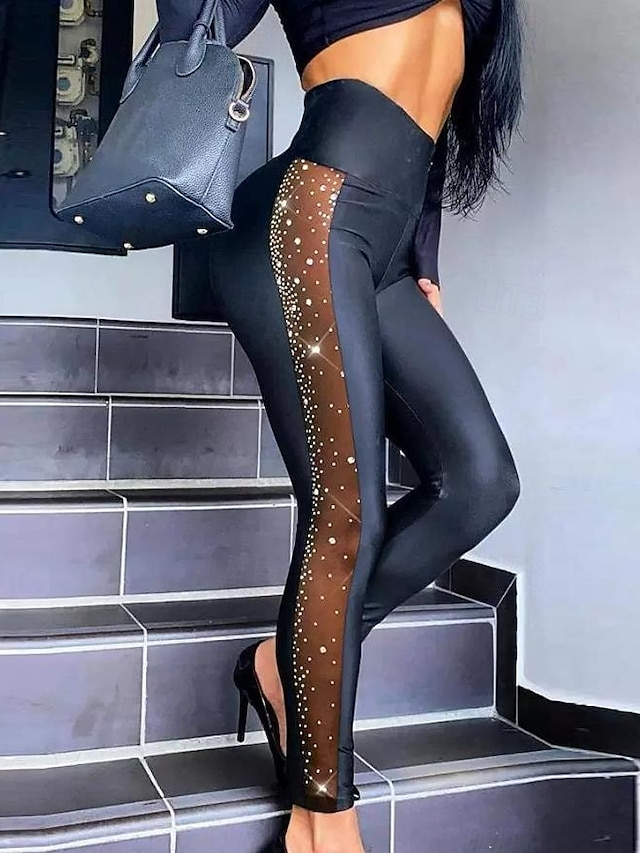  Femme Normal Collants Mode mode Toute la longueur Taille Haute Plein Paillettes Maille Micro-élastique Plein Air Casual du quotidien Noir Eté Printemps Automne Hiver Mince