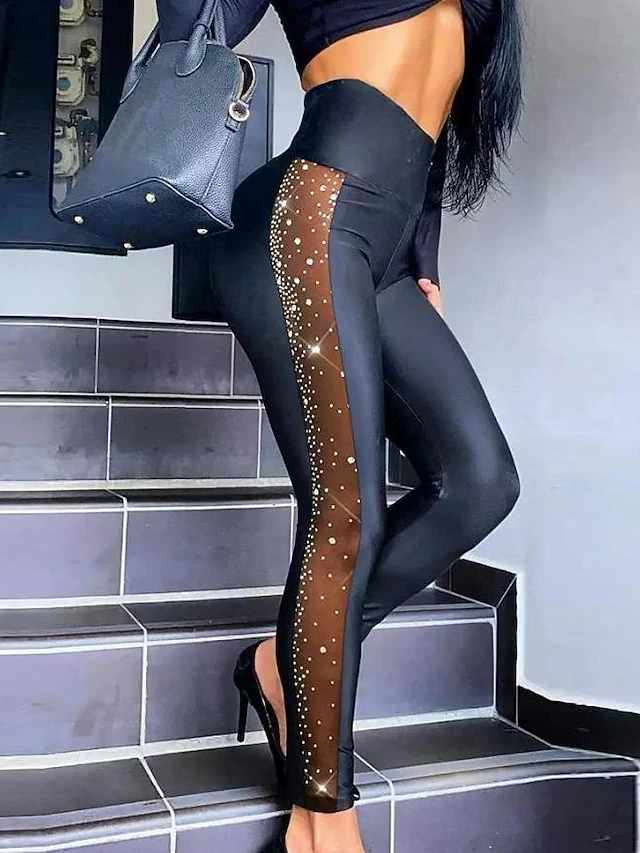 Women's Normal Tights Cozy Leggings Fashion Stylish Full Length High Rise Plain Sequins Mesh Micro-elastic Street Casual Daily Black Summer Spring Fall Winter Slim4