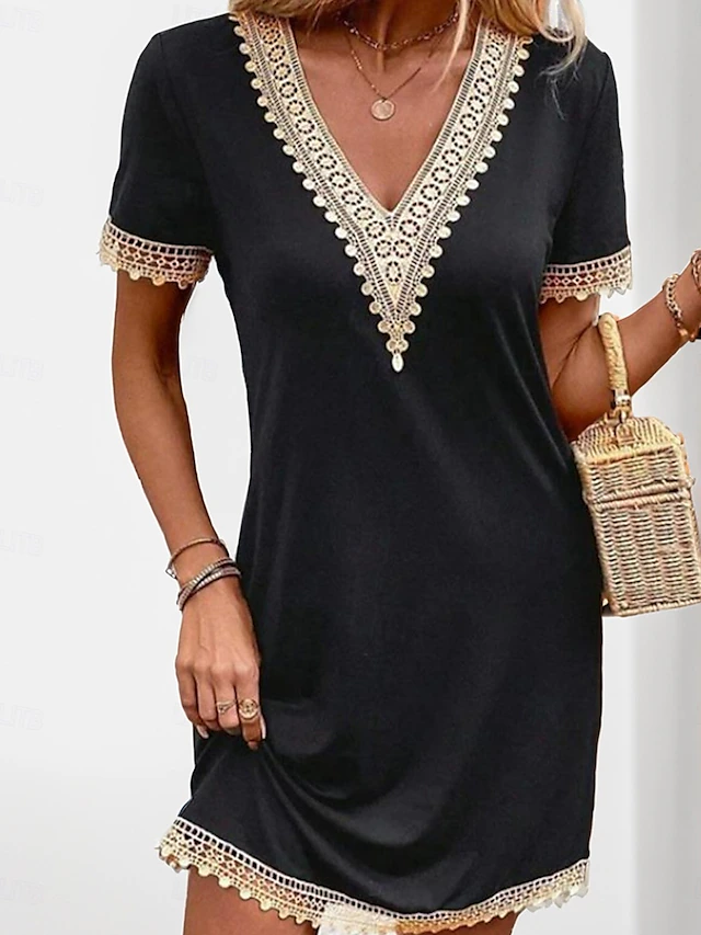 Women's Casual Dress V-neck Short Sleeve Crochet Lace Trim Solid Black Knee-length Versatile Summer Fashion Comfortable Fit Various Sizes 13