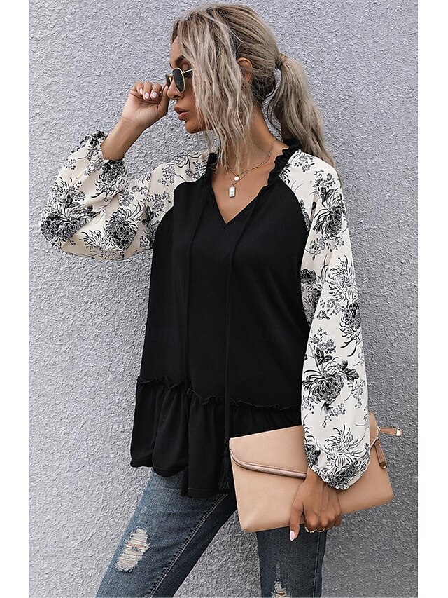  chemisier femme élégant moderne froncé manches longues hauts réguliers col en V travail quotidien noir printemps automne