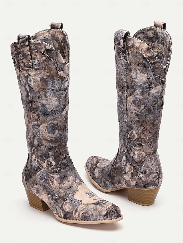  Women's Floral Pattern Western Cowboy Boots with Low Heel, Stylish and Comfortable for Country and Casual Wear