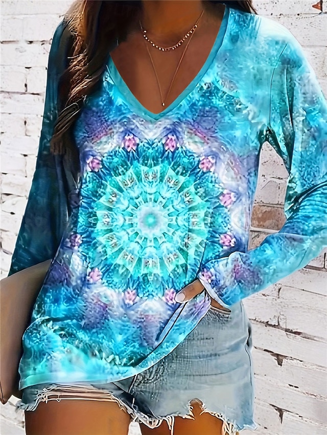  maglietta da donna casual stampa manica lunga top regolari scollo a V quotidiano blu primavera&  autunno