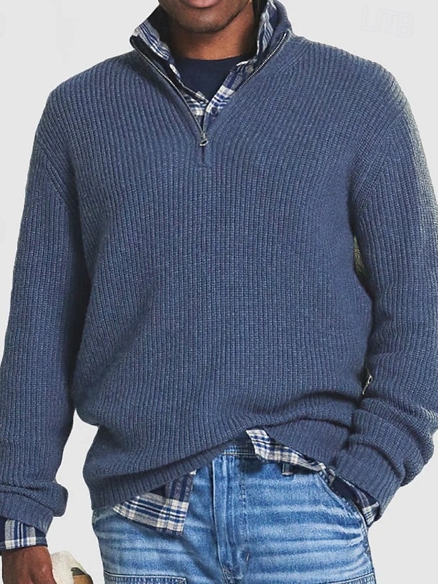  Men's Pullover Sweater Jumper Knit Sweater Ribbed Knit Regular Knitted Plain Quarter Zip Fashion Basic Daily Wear Date Clothing Apparel Fall & Winter Black Red S M L