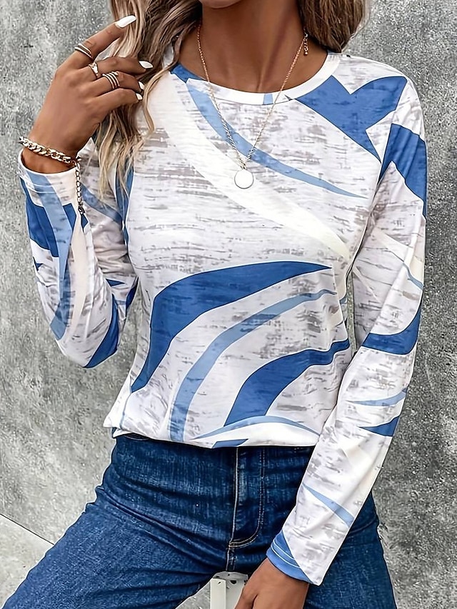  Women's T shirt Polyester Print Daily Casual Long Sleeve Crew Neck Blue Spring Fall