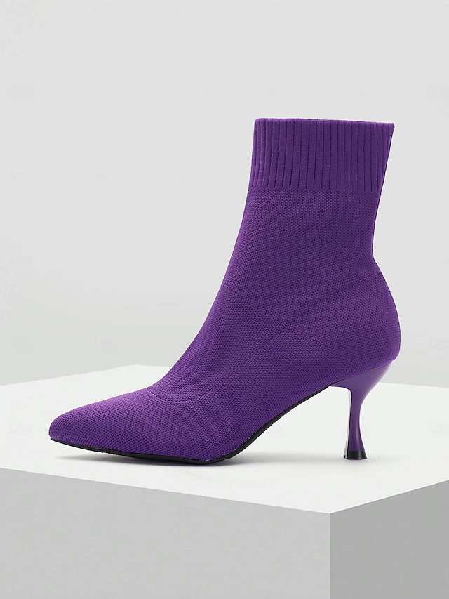 Elegant Women's Purple Knit Ankle Boots with Pointed Toe and Kitten Heel - Ideal for Parties and Casual Outings 24