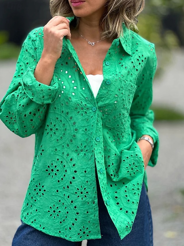  dames blouse stijlvol effen kleur uitgehold lange mouw normale tops overhemdkraag dagelijks wit rood paars groen lente herfst