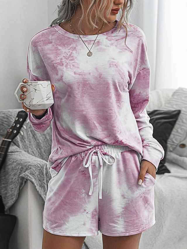 Women's Loungewear Pajama Set 2 Pieces Tie Dye Casual Comfort Home Crew Neck Pink Blue Home Outfits 13