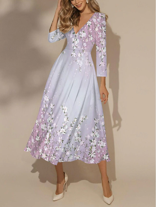 Women's Maxi Dress Swing Dress Semi Formal Dress Floral Dress Print Dress Fashion Streetwear Modern Formal Outdoor Vacation Regular Fit Floral 3/4 Length Sleeve V Neck Yellow Pink Blue 6