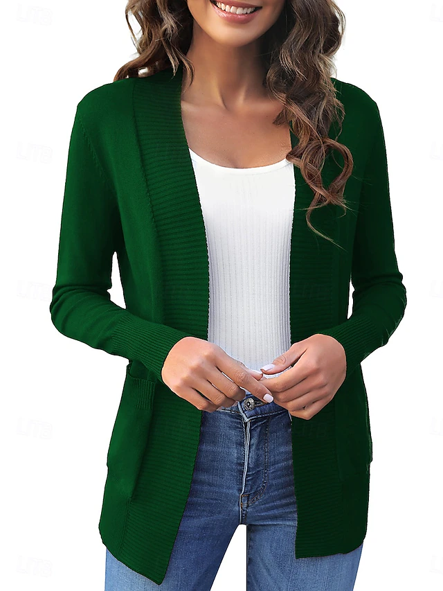 Women's Cardigan Casual Soft Solid Color Crew Neck Pocket Long Sleeve Regular Tops Knit Daily Black Green Spring Fall 8