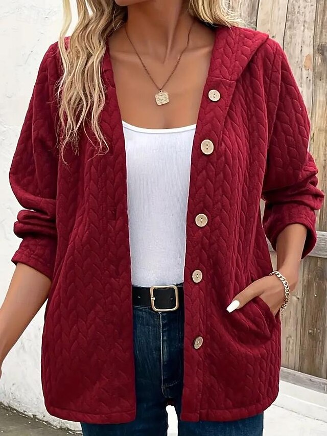 Women's Jacket Party Button Solid Color Windproof Vintage Loose Fit Outerwear Long Sleeve Fall Red S 6