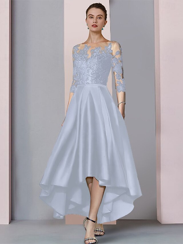 Elegant A-Line Scoop Neck Long Sleeve Satin Tea-Length Mother of the Bride Dress main image 1