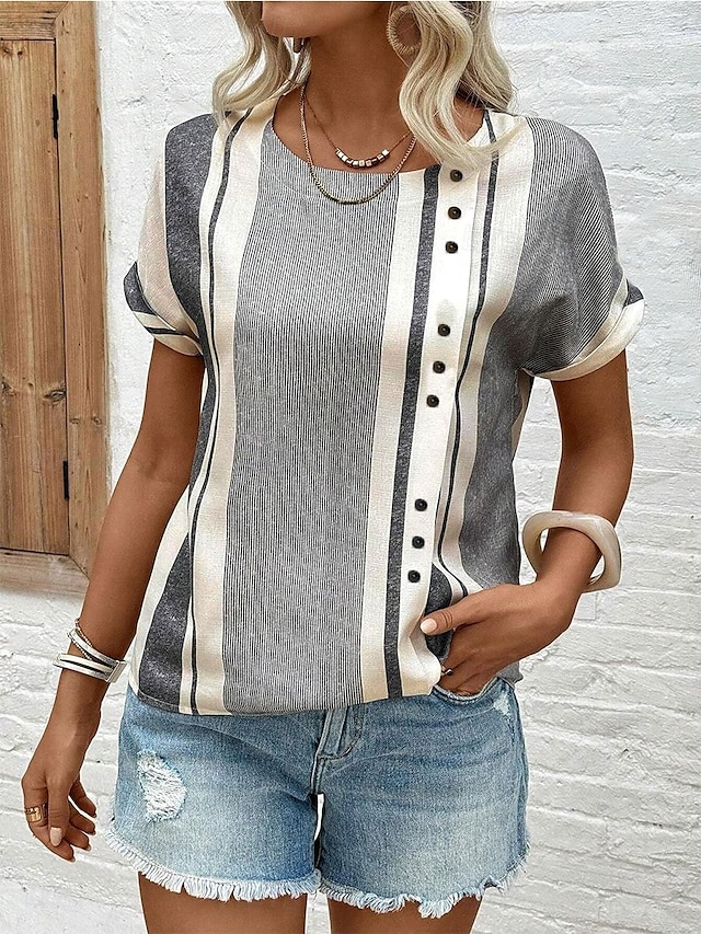  Bluza pentru Femei Chic Model Dungi cu Îmb embellishments Guler în V Mâneci Scurte Vară Primăvară Casual Zilnic Din In Fit Versatil Grau Negru Alb Spor