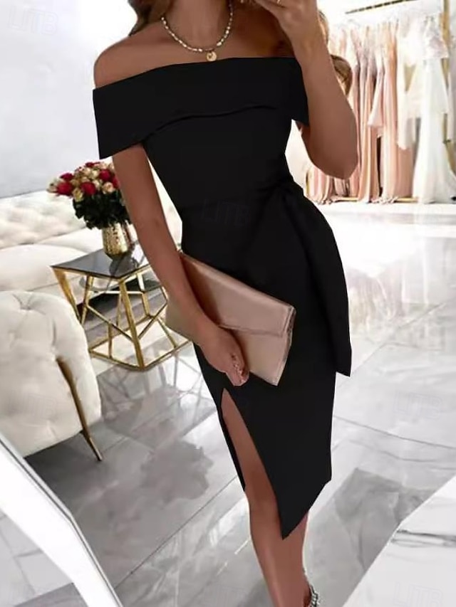  Femmes Robe Midi Robe noire Robe de remise des diplômes Robe unie Occasionnel Rue Date Coupe régulière Uni Manche Courte Épaules Dénudées Noir Rose Claire Rouge Été Printemps