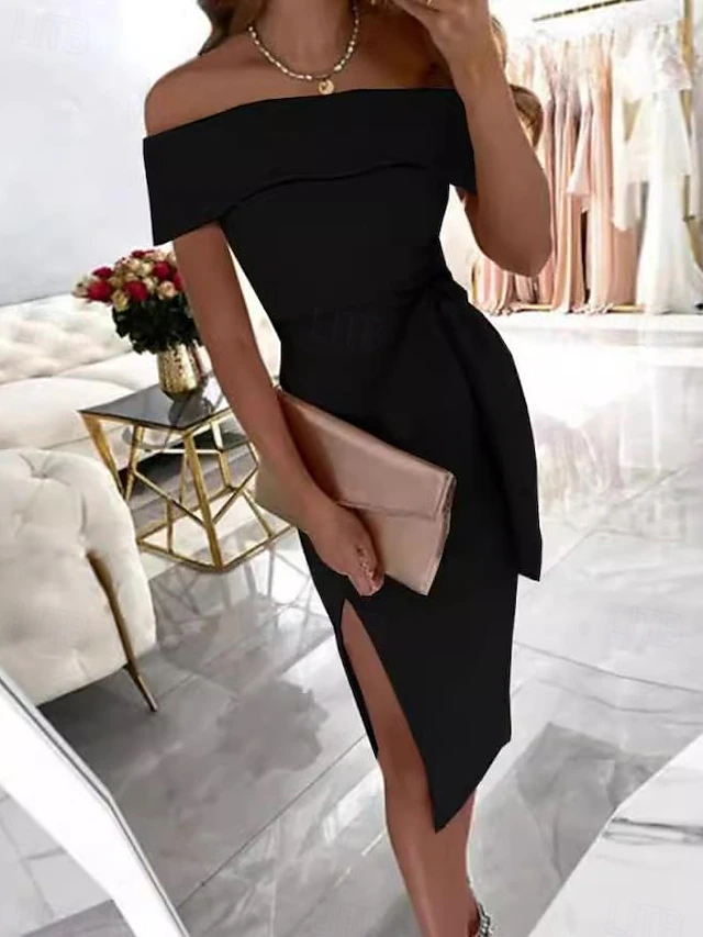 Women's Midi Dress Black Dress Graduation Dress Cocktail Dress Formal Dress Casual Street Date Regular Fit Plain Short Sleeve Off Shoulder Black Pink Red Summer Spring 6