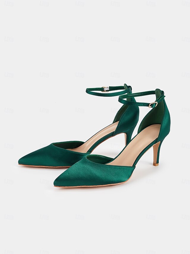  Women's Emerald Green Satin Ankle Strap Heels - Elegant Pointed-Toe Stiletto for Parties, Weddings, and Special Occasions
