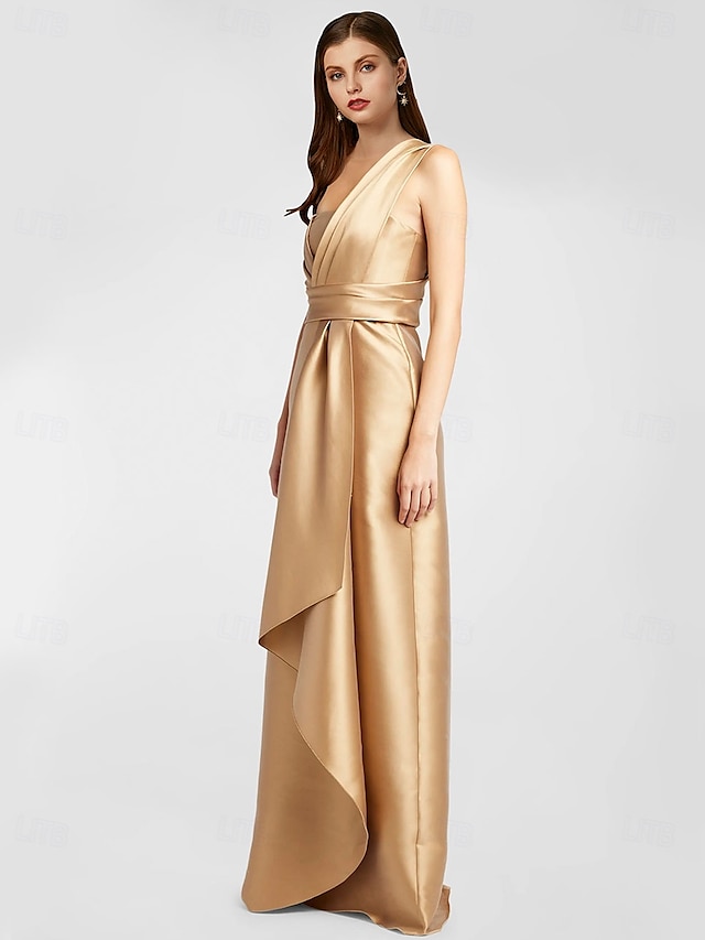  A-Line Evening Gown Elegant Dress Formal Floor Length Sleeveless One Shoulder Pocket Satin with Ruffles