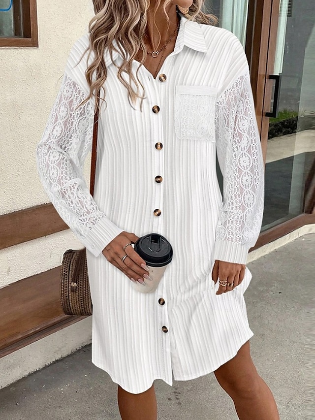  Per donna Abito semplice Mini abito Pizzo Collage Informale Colletto Manica lunga Bianco Colore