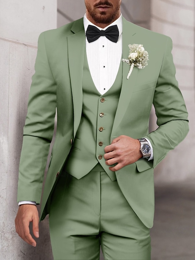  Men's Wedding Suits Sage Dark Green Party Dress Solid Colored Tailored Fit 3 Piece Single Breasted Two-buttons