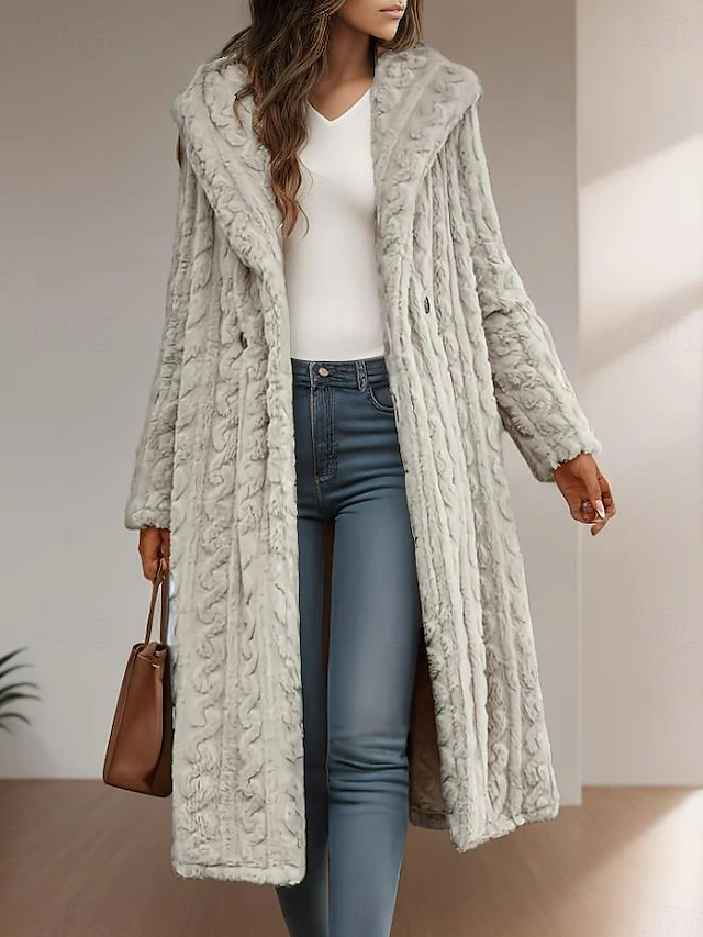 Women's Winter Coat Street Daily Wear Going out Fall Winter Long Coat Loose Fit Warm Breathable Comtemporary Stylish Casual Jacket Long Sleeve Solid Color Knit Light Grey4