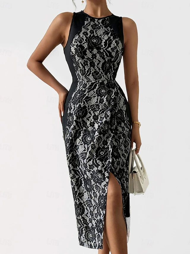 Women's Elegant Lace Dress Party Dress Lace Ruffle Crew Neck Sleeveless Midi Dress Blcak Dress 7