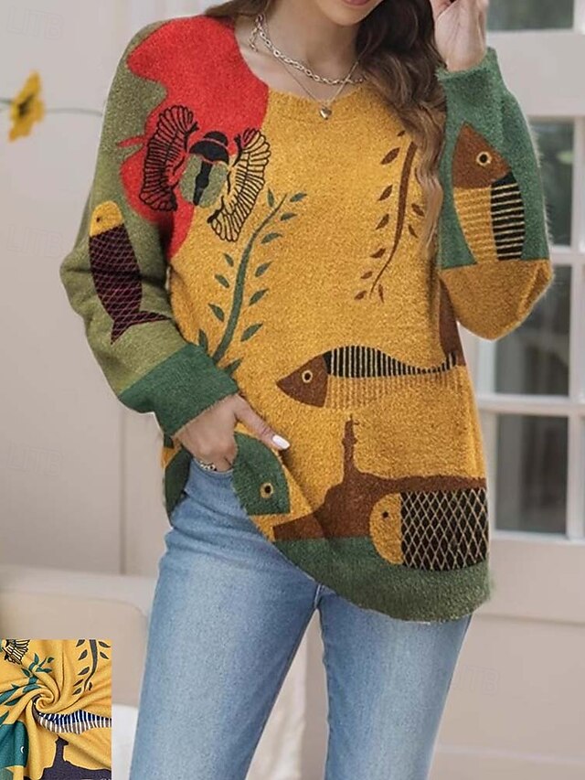 Women's Sweater Cute Streetwear Casual Graphic Animal Crew Neck Knitted Long Sleeve Long Tops Knit Work Yellow Fall Winter 6