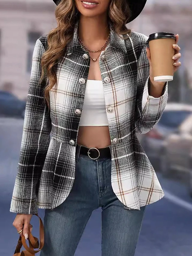 Women's Jacket Party Button Plaid Windproof Fashion Regular Fit Outerwear Long Sleeve Fall Black And White S 6