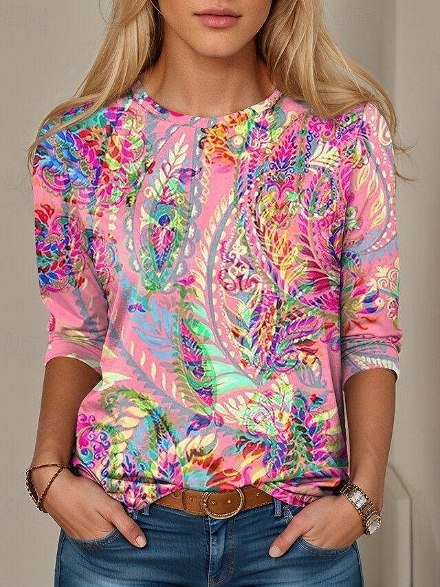 Women's T shirt Long Sleeve Casual Print Regular Tops Daily Pink Spring Fall Prefall4