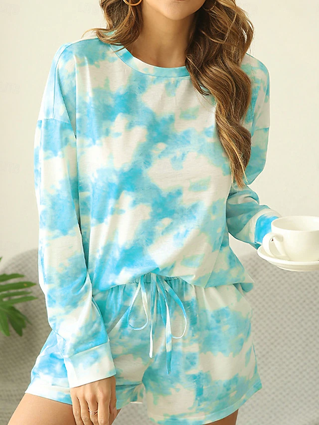 Women's Loungewear Pajama Set 2 Pieces Tie Dye Casual Comfort Home Comfort Crew Neck Long Sleeve Pullover Shorts Spring Fall Blue Home Outfits4