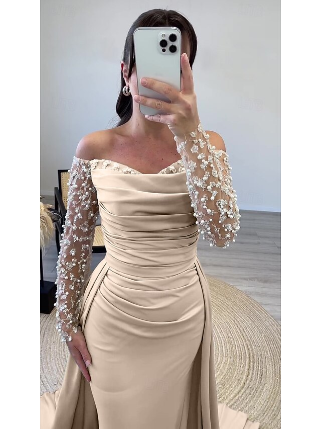 Sheath Sleeveless Off Shoulder Formal Dress with 3D Flowers Side Slit Floor Length Evening Dress