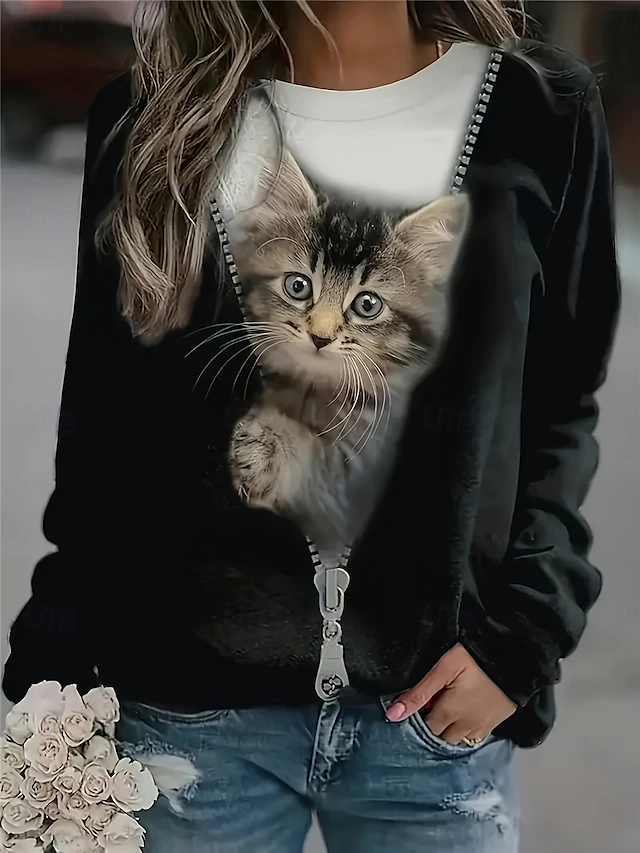 Women's T Shirt Pullover Casual Cat Street Casual Round Neck Print Long Sleeve Black Winter Spring & Fall4