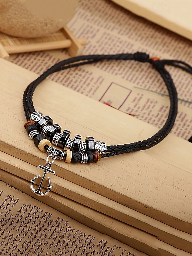  collana con ciondolo a forma di ancora multistrato da uomo - corda satinata, calcoli biliari neri, perline di legno e lega, lunghezza regolabile, stile nautico per abbigliamento casual e da spiaggia
